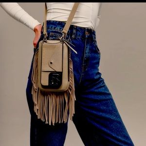 NWT Bandolier Side Slot Leather Crossbody in Greige/Silver and Fringe Pouch